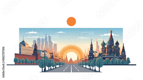 A stylized cityscape illustration shows an orange sun over a grand city. A road leads into the distance, framed by trees and historic structures