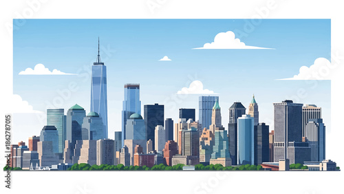A stylized cityscape illustration shows a variety of skyscrapers under a blue sky with fluffy white clouds, with a green tree line