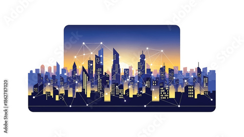 A stylized cityscape illustration shows interconnected buildings. Lights illuminate windows against the dusk sky. Geometric lines connect buildings, symbolizing networks