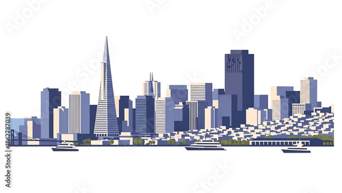 A stylized cityscape illustration with a prominent pointed tower, buildings in cool hues, trees, and boats. The overall design is minimalist with a textured effect
