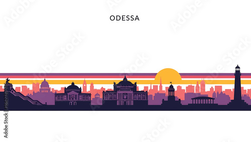 A stylized cityscape illustration with silhouettes of buildings and a setting sun, accented by horizontal colored stripes, and the city name