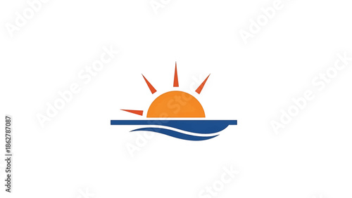 A stylized graphic depicts a rising sun above the ocean. The sun, orange with sharp rays. The ocean in blue with horizontal and curved lines