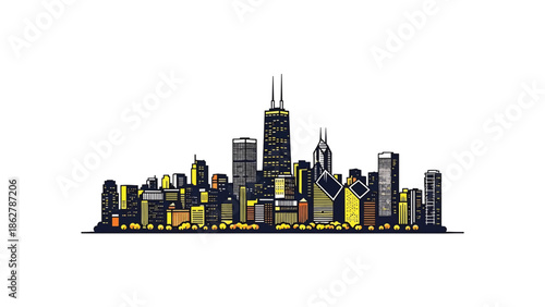 A stylized cityscape in a vector graphic. Buildings of various heights are featured, with yellow and orange illuminated windows