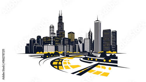 A stylized cityscape in black, yellow, and white features skyscrapers, a bridge, and a winding road. Trees and lights dot the scene