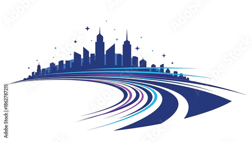 A stylized cityscape in shades of blue and purple. Buildings are silhouetted, with a curved design below, accented by stars