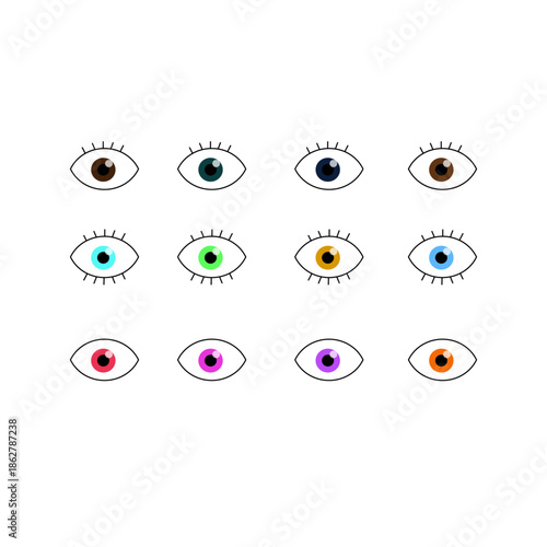 Set of eyes with dark, bright and fantastic iris, with one and two lines of lashes, and without lashes