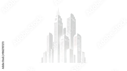 A stylized cityscape in shades of gray. The building shapes are simple, stacked rectangles, hinting at skyscrapers and offices against a bright background