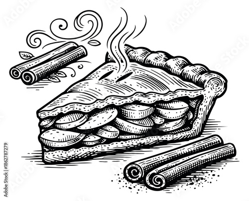 Hand drawn line art illustration of a slice of apple pie depicting steaming with cinnamon sticks for autumn dessert