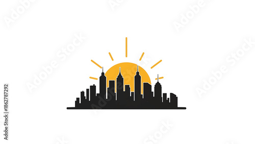 A stylized cityscape in silhouette, set against a golden sunburst on a white background, representing dawn or dusk
