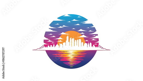 A stylized cityscape is silhouetted against a setting sun. The reflection in water mimics the sky's colorful gradient. Clouds adorn the sky