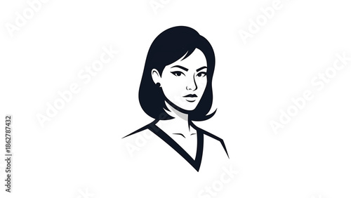 A stylized black and white portrait of a woman with short hair and a focused expression. She wears a v-neck top