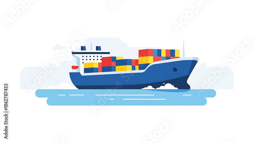 A stylized illustration depicting a cargo ship traversing water. The vessel is laden with colorful shipping containers and is moving across the ocean