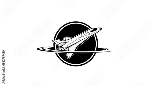 A stylized black and white illustration of a spacecraft, depicted within a black circle, encircled by an orbital band against white