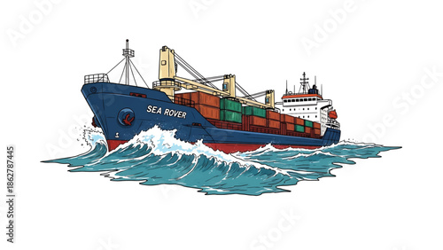 A stylized illustration depicting a cargo ship navigating a rough sea, featuring containers and a blue hull. The ship generates foamy waves