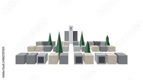A stylized illustration depicting a cemetery, with tiered rows of rectangular headstones, green trees, and a central cross