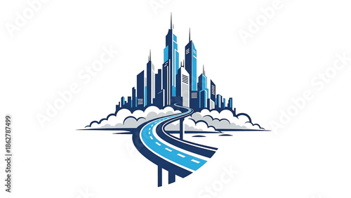 A stylized illustration depicting a city skyline and a road that curves towards it. A graphic design against a white backdrop