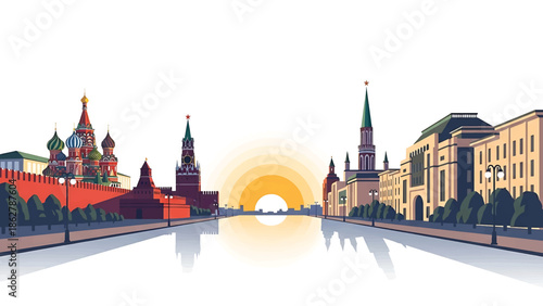 A stylized illustration depicting a city skyline reflected in water, featuring architecture, vibrant colors, and a sunrise
