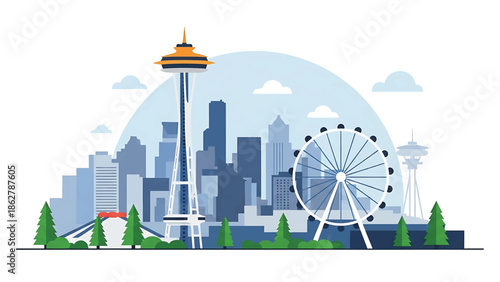A stylized illustration depicting a city skyline with landmarks. It features a modern tower, a Ferris wheel, and lush greenery, all under a cloudy sky