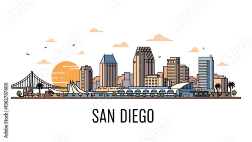 A stylized illustration depicting a city skyline with colorful buildings, a bridge, sunset, and text at the bottom. The details are outlined