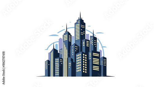 A stylized illustration depicting a city skyline with skyscrapers and other buildings in various heights and sizes against a white background