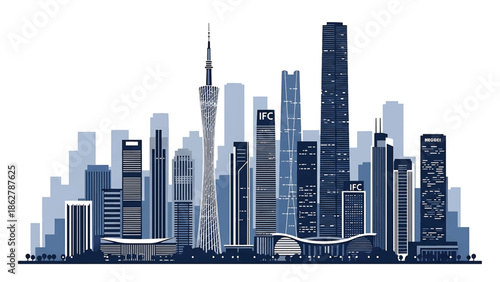A stylized illustration depicting a city skyline with various skyscrapers, a distinctive tower, and buildings. The image is rendered in blue tones