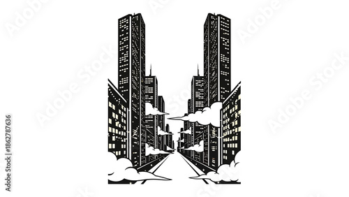 A stylized illustration depicting a city street lined with towering skyscrapers, a perspective view with clouds. Lights illuminate