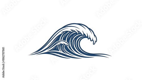 A stylized illustration depicting a curling ocean wave in shades of blue. The wave's form is simplified and smooth, on a white background