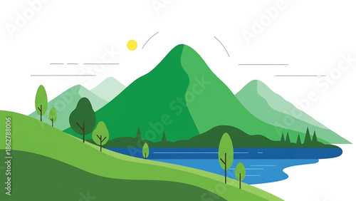 A stylized illustration depicting a landscape with mountains, trees, and a lake. The sun shines above the peak. Green fields and blue water