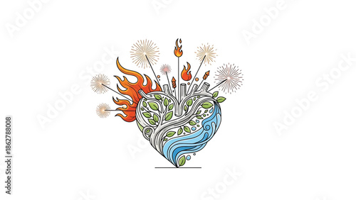 A stylized heart illustration featuring fire, water, and foliage. Fireworks explode above, representing a balance of natureâ€™s elements