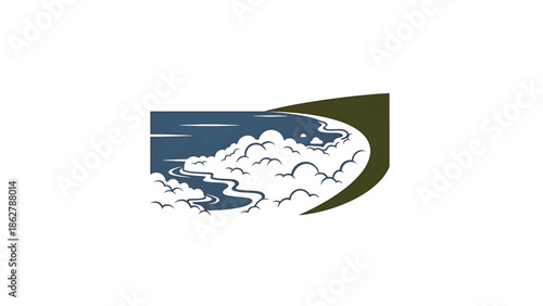 A stylized illustration depicting a landscape with river or coastline elements, featuring clouds, water, and land mass with texture