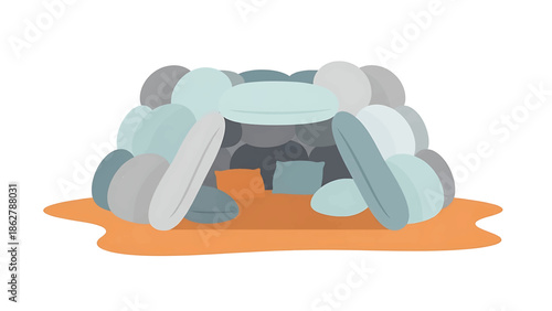 A stylized illustration depicting a shelter constructed from rounded stones of various cool-toned shades, with orange ground. Simple, yet inviting