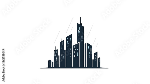 A stylized illustration depicting a skyline of buildings with glowing windows under a rain shower. Buildings are various heights