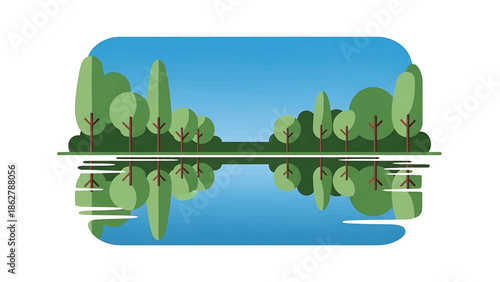 A stylized illustration depicting a landscape with trees reflected in a calm body of water against a blue textured sky within a rounded rectangle