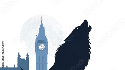 A stylized illustration depicting a wolf howling at the moon, with the silhouette of a clock tower behind it. The image uses a limited color palette