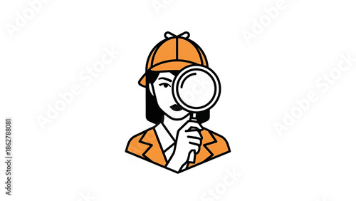 A stylized illustration depicting a woman detective wearing a hat and holding a magnifying glass in front of her eye, white background