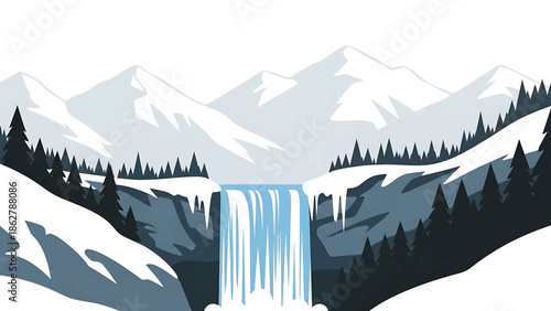A stylized illustration depicting a winter landscape with snow-covered mountains, evergreen trees, and a waterfall cascading down a cliff face