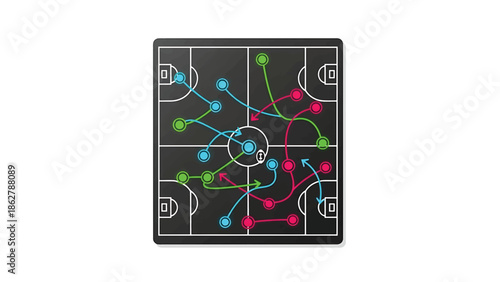 A stylized illustration depicting a sports field, likely a basketball court, with strategic plays and movement indicated by colored lines