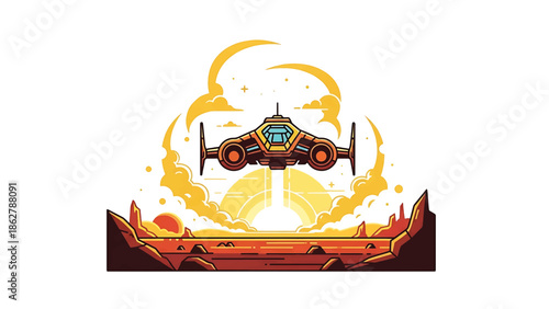 A stylized illustration depicting a spaceship taking off from a stylized orange-red landscape with a setting sun and clouds