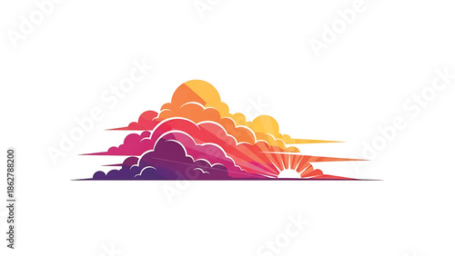 A stylized illustration depicting a sunset or sunrise with geometric clouds in vibrant colors. Rays of light emanate from the sun