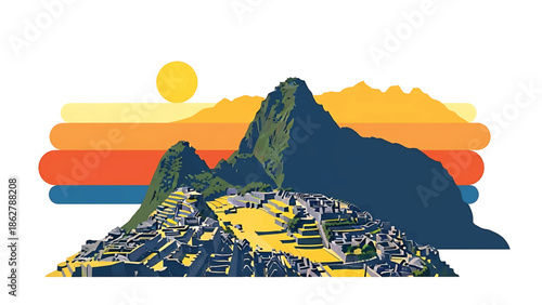 A stylized illustration depicting an ancient, terraced city nestled amongst towering mountains, with a layered sunset design and bright sun