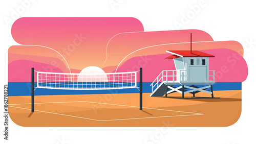 A stylized illustration depicting a sunset over a beach, featuring a volleyball net, a lifeguard station, and a playing court