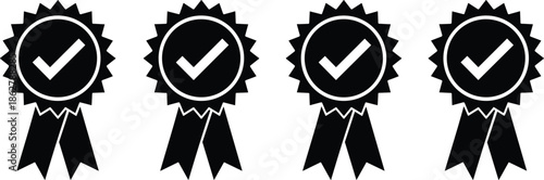 Certified quality badge icons set with check mark approval ribbon seal validation trust symbols black white