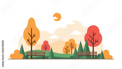 A stylized illustration depicting an autumnal park scene with colorful trees, benches, sun, clouds, and textured appearance