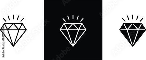 Diamond gem icon set luxury crystal brilliance symbol outline and filled styles minimal design