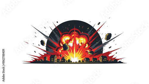 A stylized illustration depicting an intense explosion above a line of buildings. The blast has a radial design. Dark colors