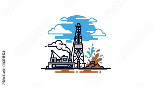 A stylized illustration depicting an oil drilling rig under a blue sky with fluffy white clouds, with a flat design