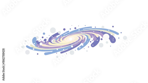 A stylized illustration depicting a swirling galaxy with pastel colors, surrounded by scattered dots and circular shapes, isolated on white