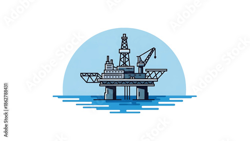 A stylized illustration depicting an offshore platform with detailed features, set against a circular sky background and above a watery surface