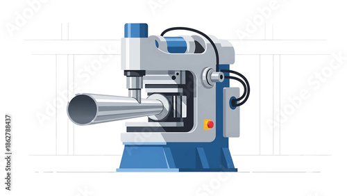 A stylized illustration depicting an industrial machine. The machine is composed of metallic and blue elements with cables and a red button