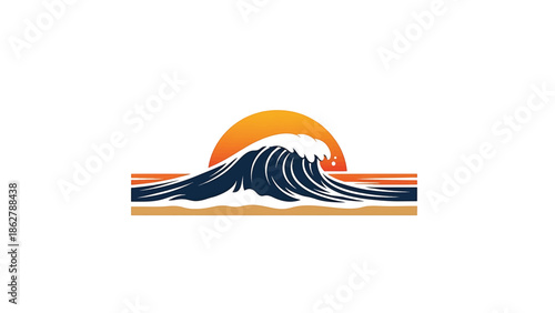 A stylized illustration depicting an ocean wave cresting under a vibrant, orange sunset, along with the silhouette of sand and other graphical elements